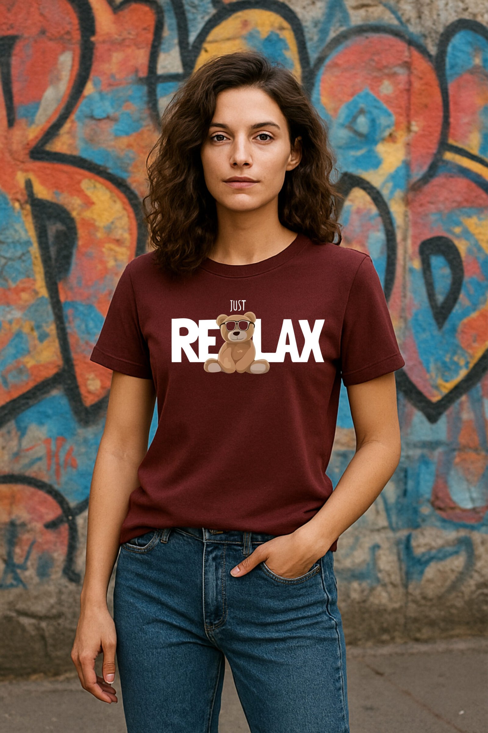 Women’s Classic Fit Marron “Just Relax” Teddy Graphic T-Shirt – Cotton Blend Fabric