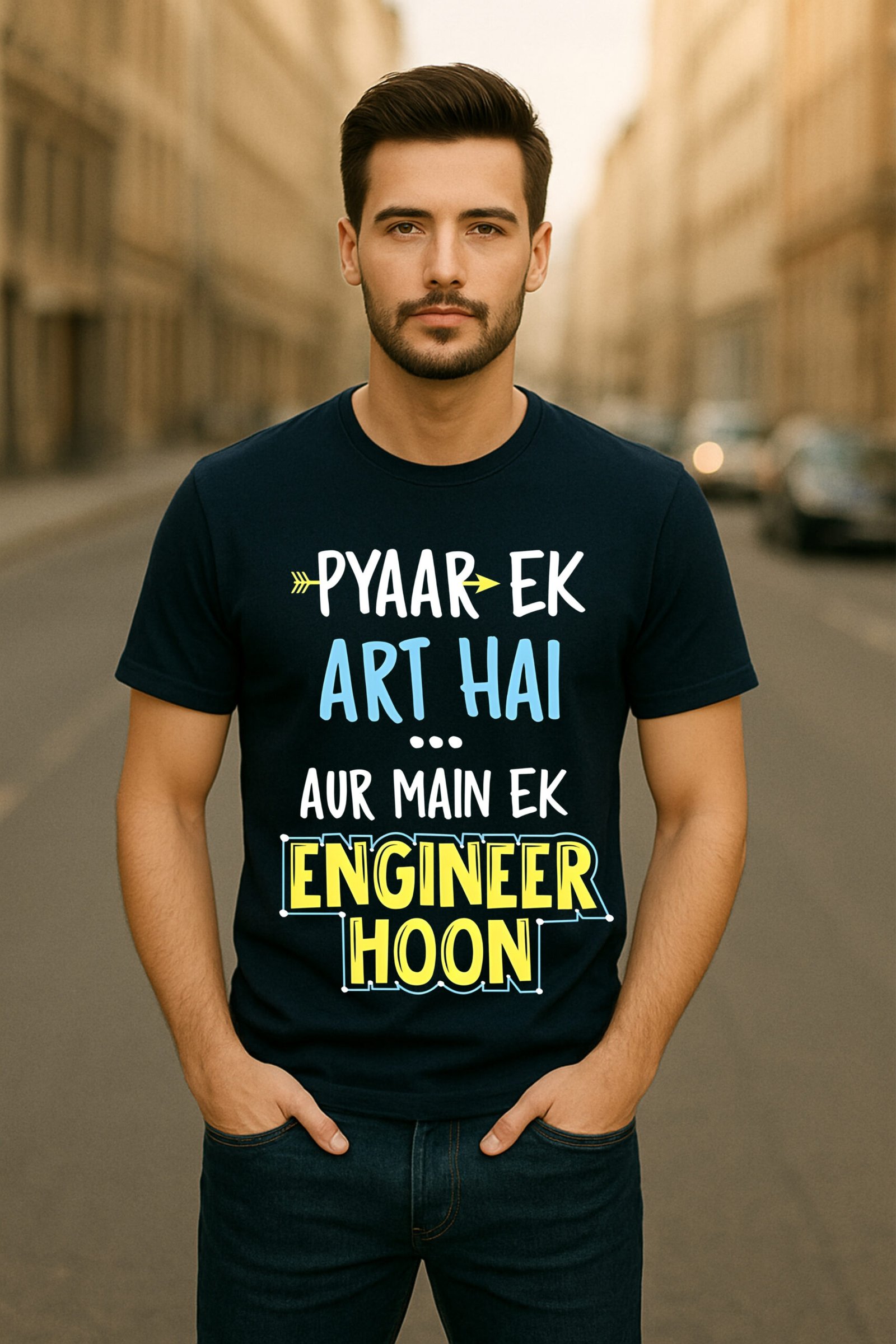 Men’s Classic Fit Navy Blue “Pyaar Ek Art Hai, Aur Main Ek Engineer Hoon” Graphic T-Shirt – Cotton Blend Fabric