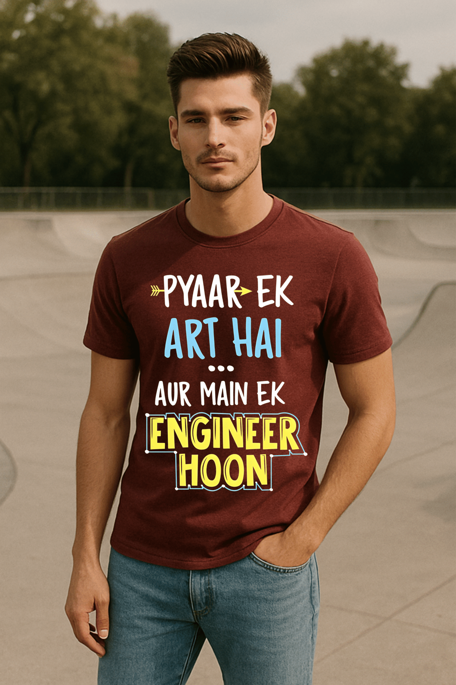 Men’s Classic Fit Marron “Pyaar Ek Art Hai, Aur Main Ek Engineer Hoon” Graphic T-Shirt – Cotton Blend Fabric