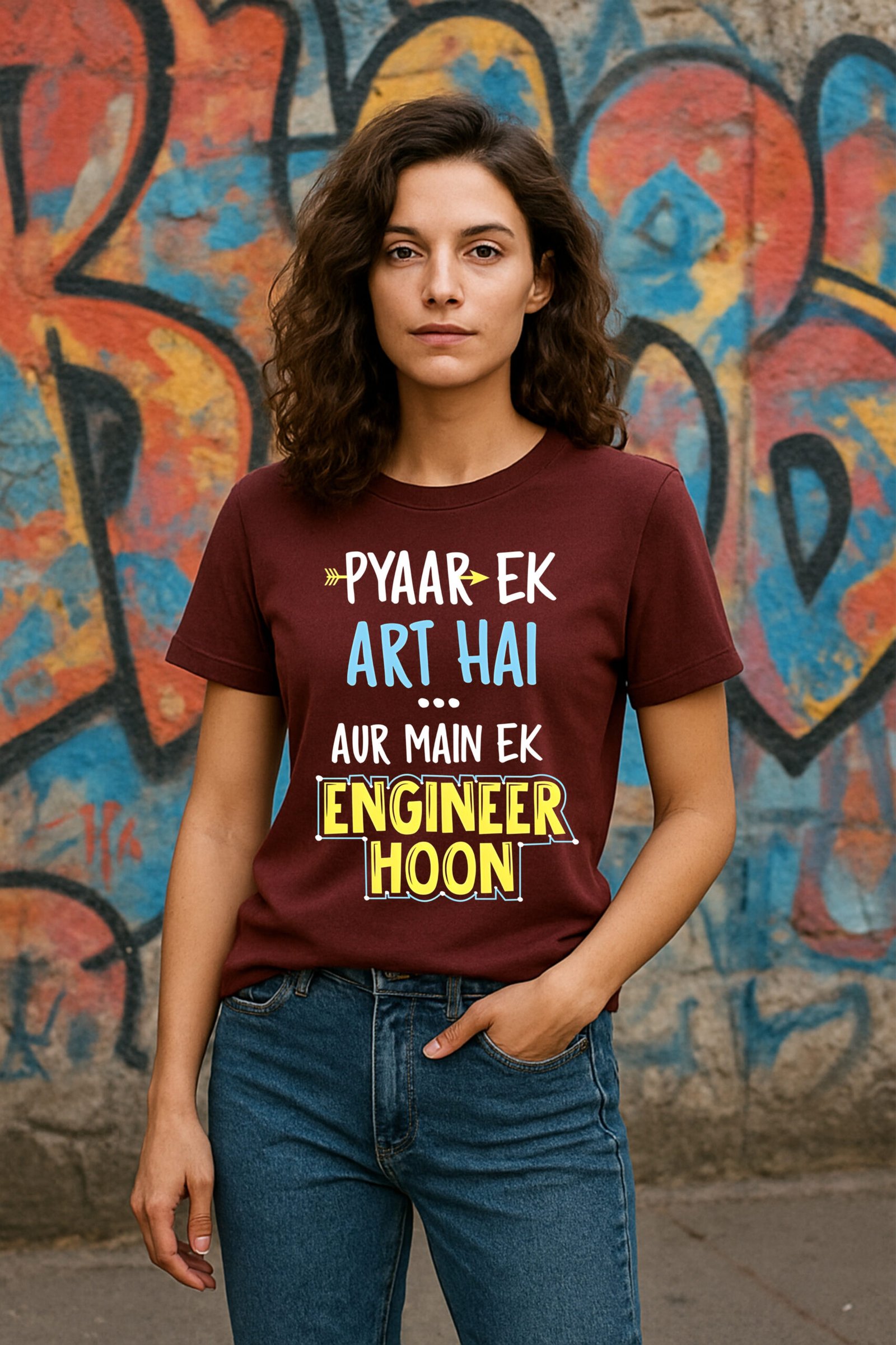 Women’s Classic Fit Marron “Pyaar Ek Art Hai, Aur Main Ek Engineer Hoon” Graphic T-Shirt – Cotton Blend Fabric