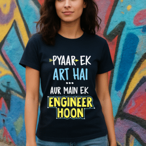 Women’s Classic Fit Navy Blue “Pyaar Ek Art Hai, Aur Main Ek Engineer Hoon” Graphic T-Shirt – Cotton Blend Fabric