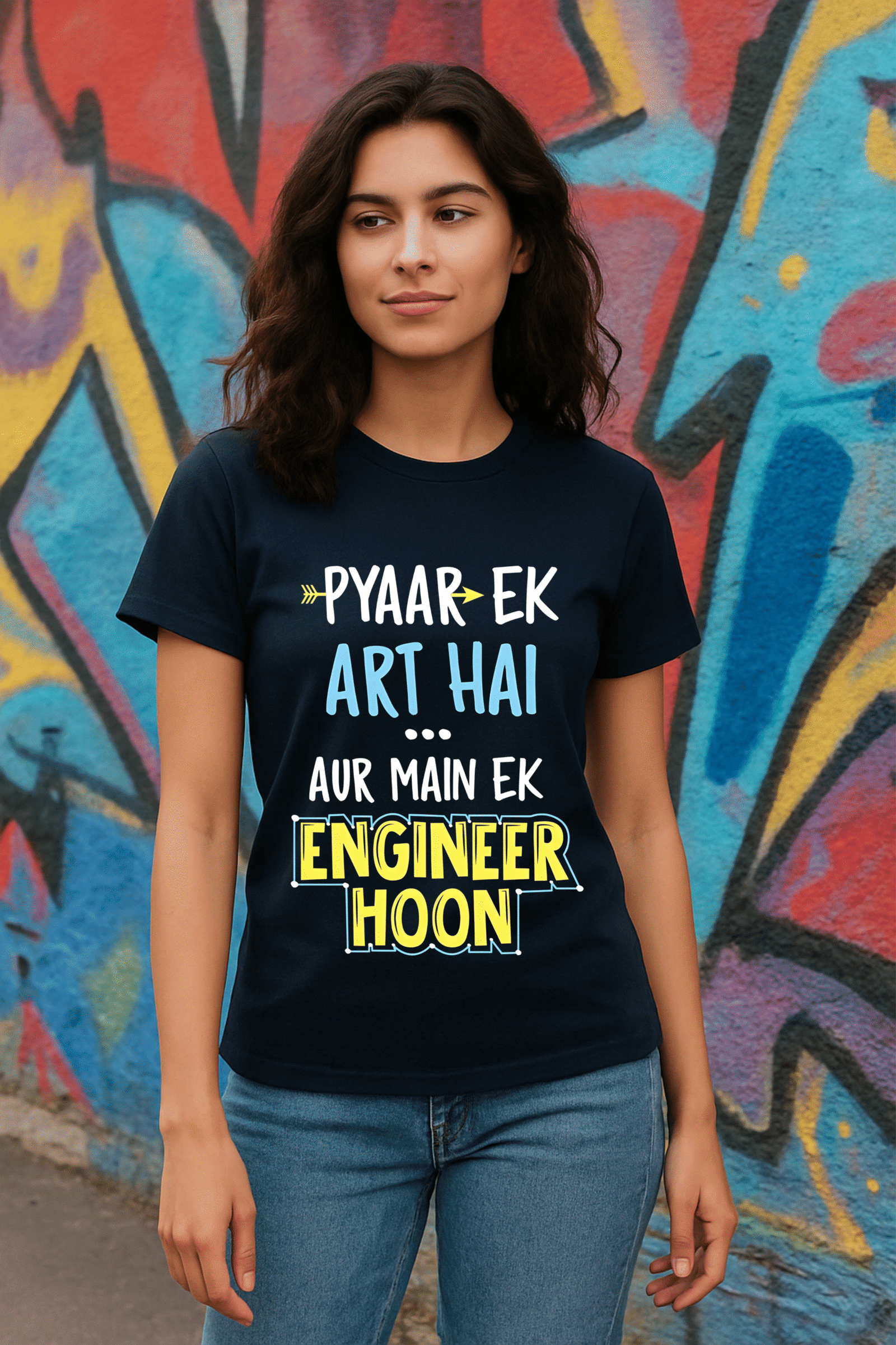 Women’s Classic Fit Navy Blue “Pyaar Ek Art Hai, Aur Main Ek Engineer Hoon” Graphic T-Shirt – Cotton Blend Fabric