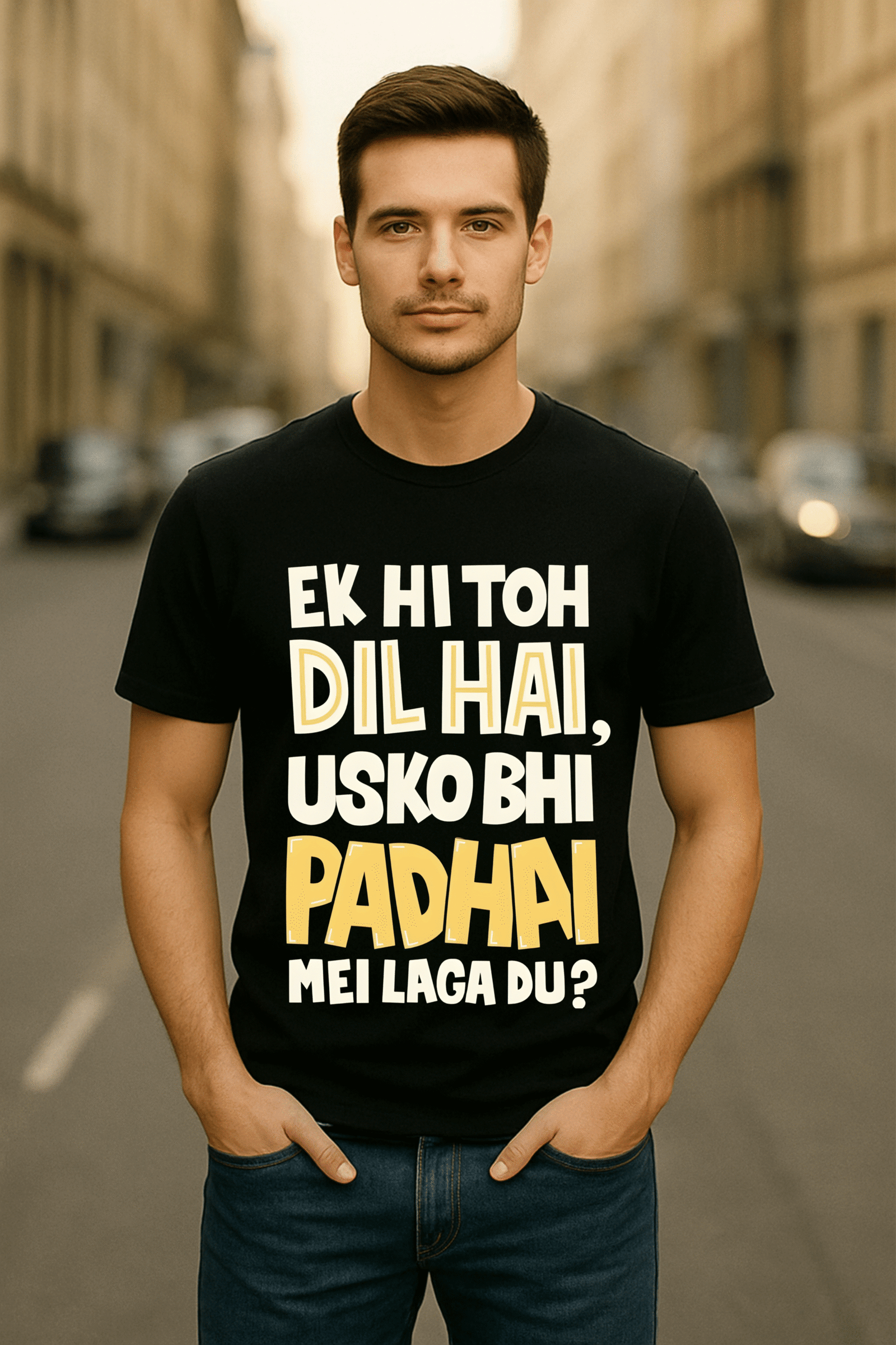 Men’s Black Classic Fit “Ek Hi Toh Dil Hai, Usko Bhi Padhai Mein Laga Du?” Graphic T-Shirt – 100% Premium Bio-Washed Cotton