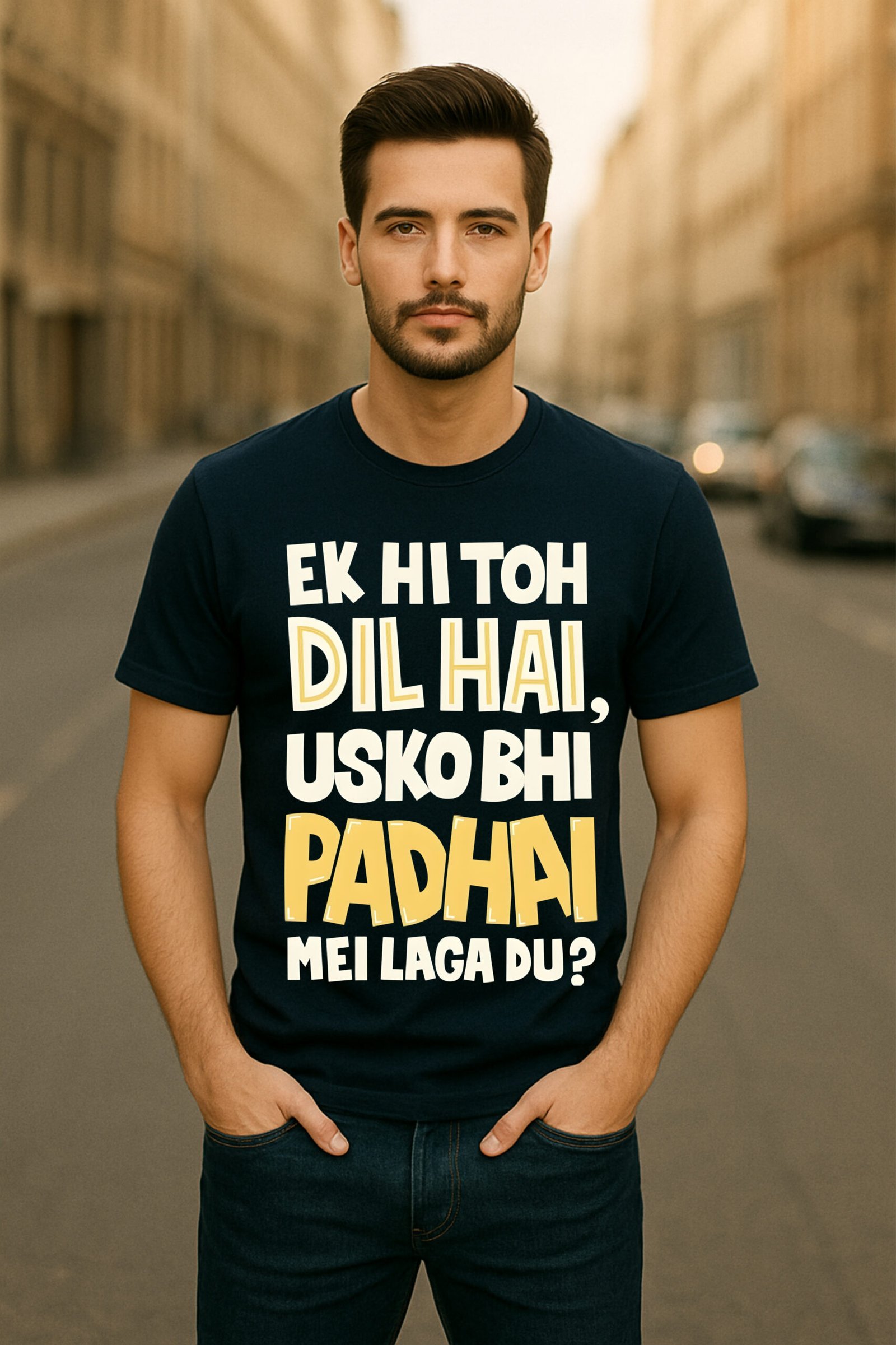 Men's Classic Fit Navy Blue “Ek Hi Toh Dil Hai, Usko Bhi Padhai Mein Laga Du?” T-Shirt – Premium Cotton Blend Fabric