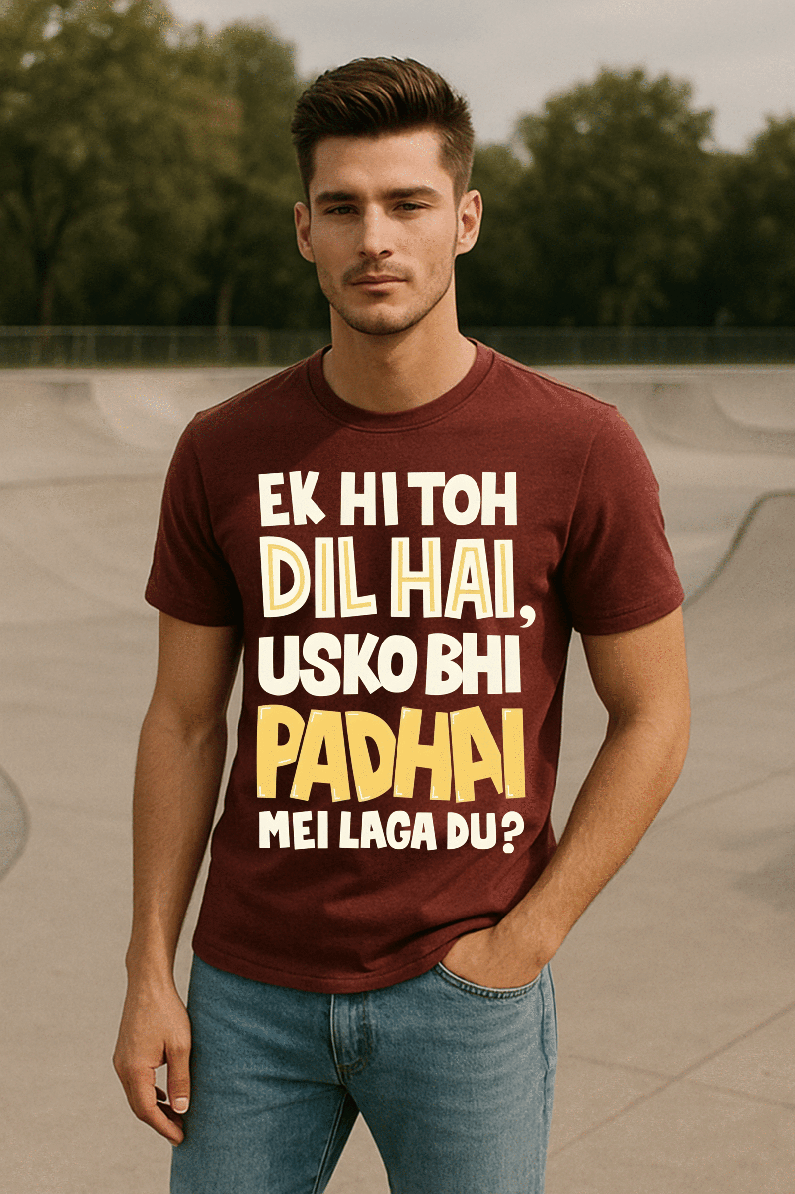 Men's Classic Fit Marron “Ek Hi Toh Dil Hai, Usko Bhi Padhai Mein Laga Du?” T-Shirt – Premium Cotton Blend Fabric