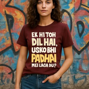 Women's Classic Fit Marron “Ek Hi Toh Dil Hai, Usko Bhi Padhai Mein Laga Du?” T-Shirt – Premium Cotton Blend Fabric