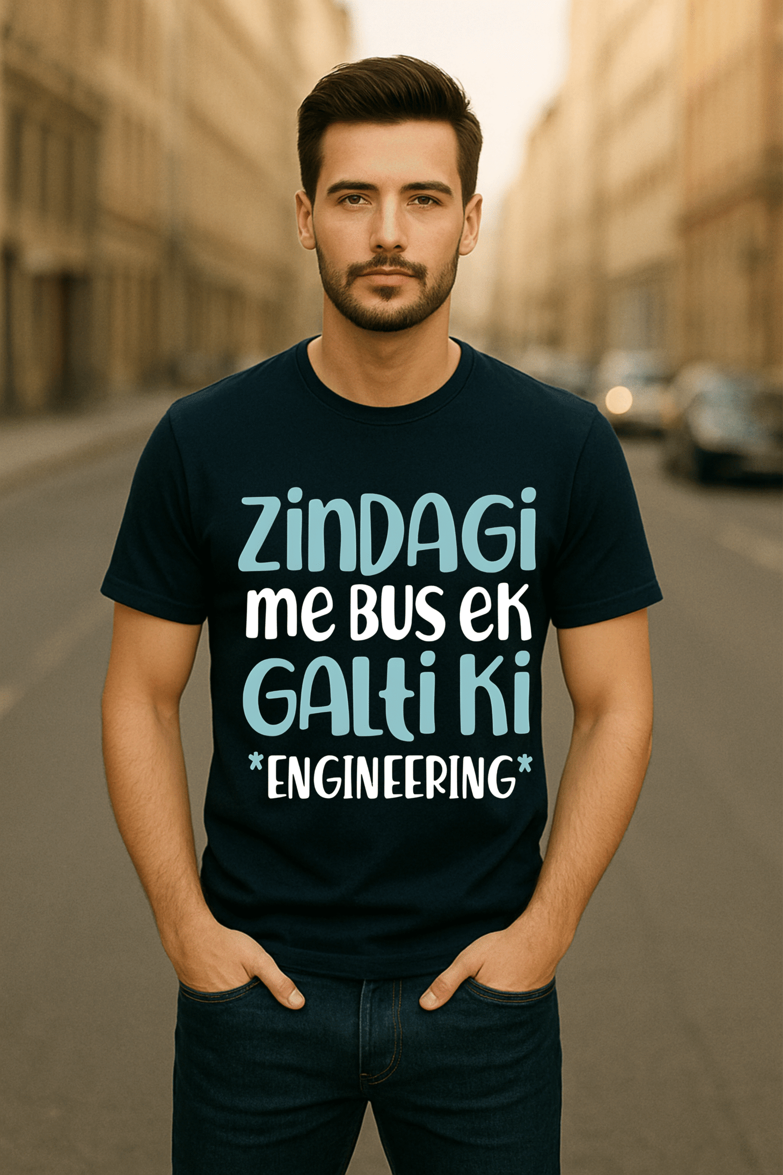 Men’s Classic Fit Navy Blue “Zindagi Me Bas Ek Galti Ki – Engineering” Graphic T-Shirt – Premium Cotton Blend