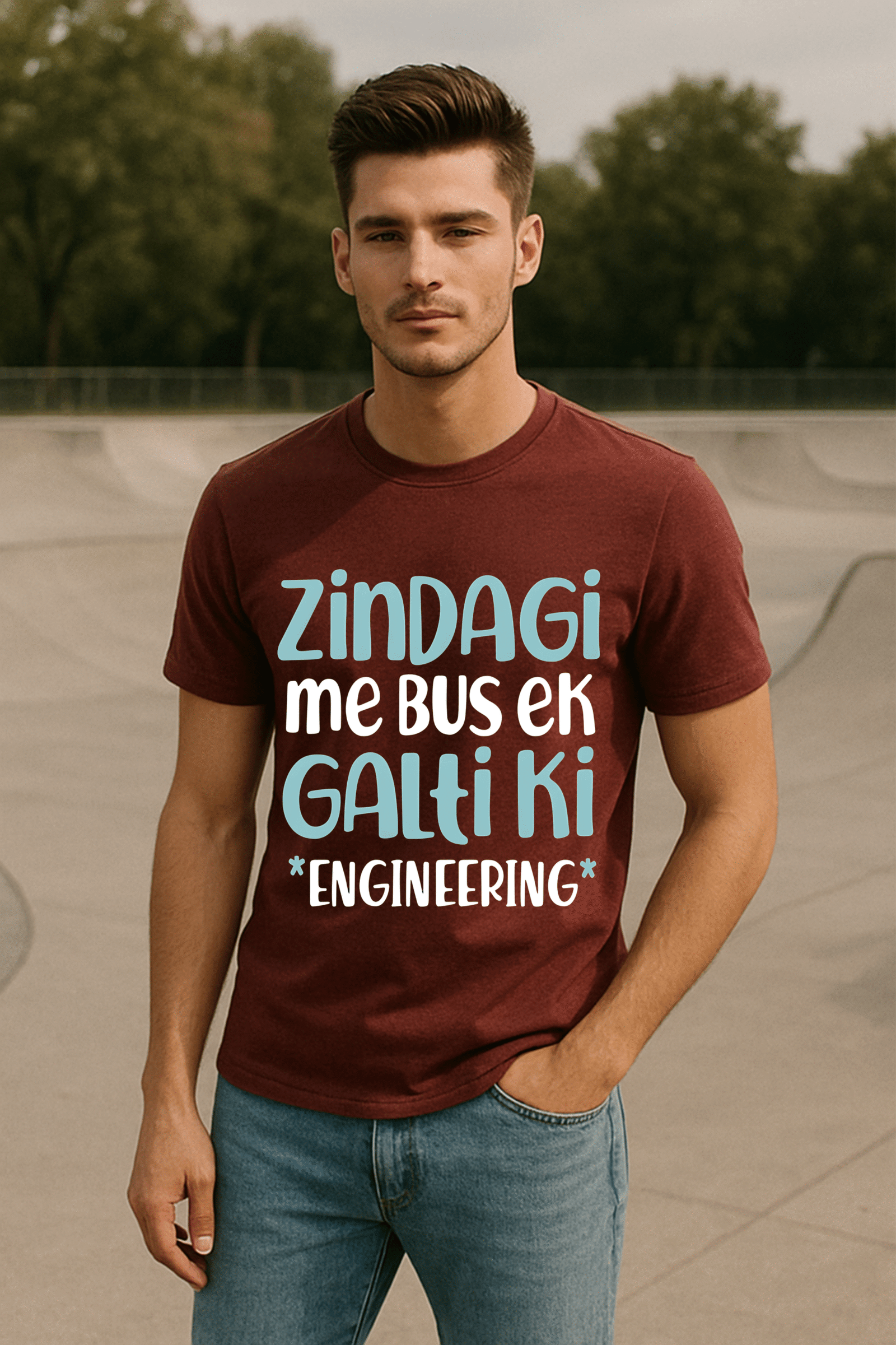 Men’s Classic Fit Marron“Zindagi Me Bas Ek Galti Ki – Engineering” Graphic T-Shirt – Premium Cotton Blend
