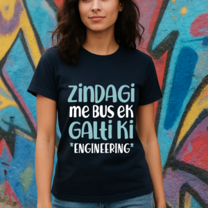 Women’s Classic Fit Navy Blue “Zindagi Me Bas Ek Galti Ki – Engineering” Graphic T-Shirt – Premium Cotton Blend