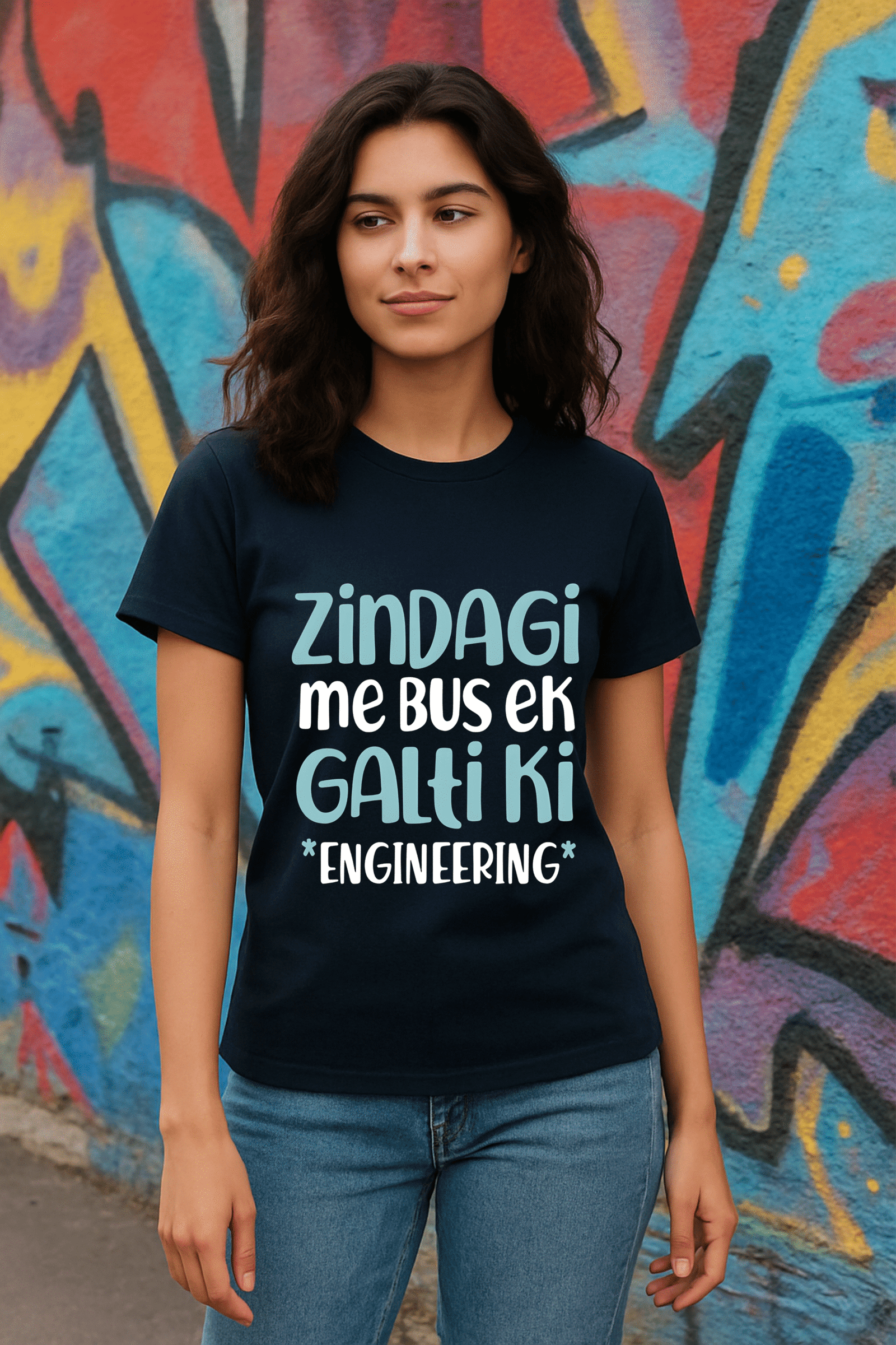 Women’s Classic Fit Navy Blue “Zindagi Me Bas Ek Galti Ki – Engineering” Graphic T-Shirt – Premium Cotton Blend