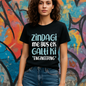 Women’s Classic Fit Black “Zindagi Me Bas Ek Galti Ki – Engineering” Graphic T-Shirt – 100% Premium Bio-Washed Cotton