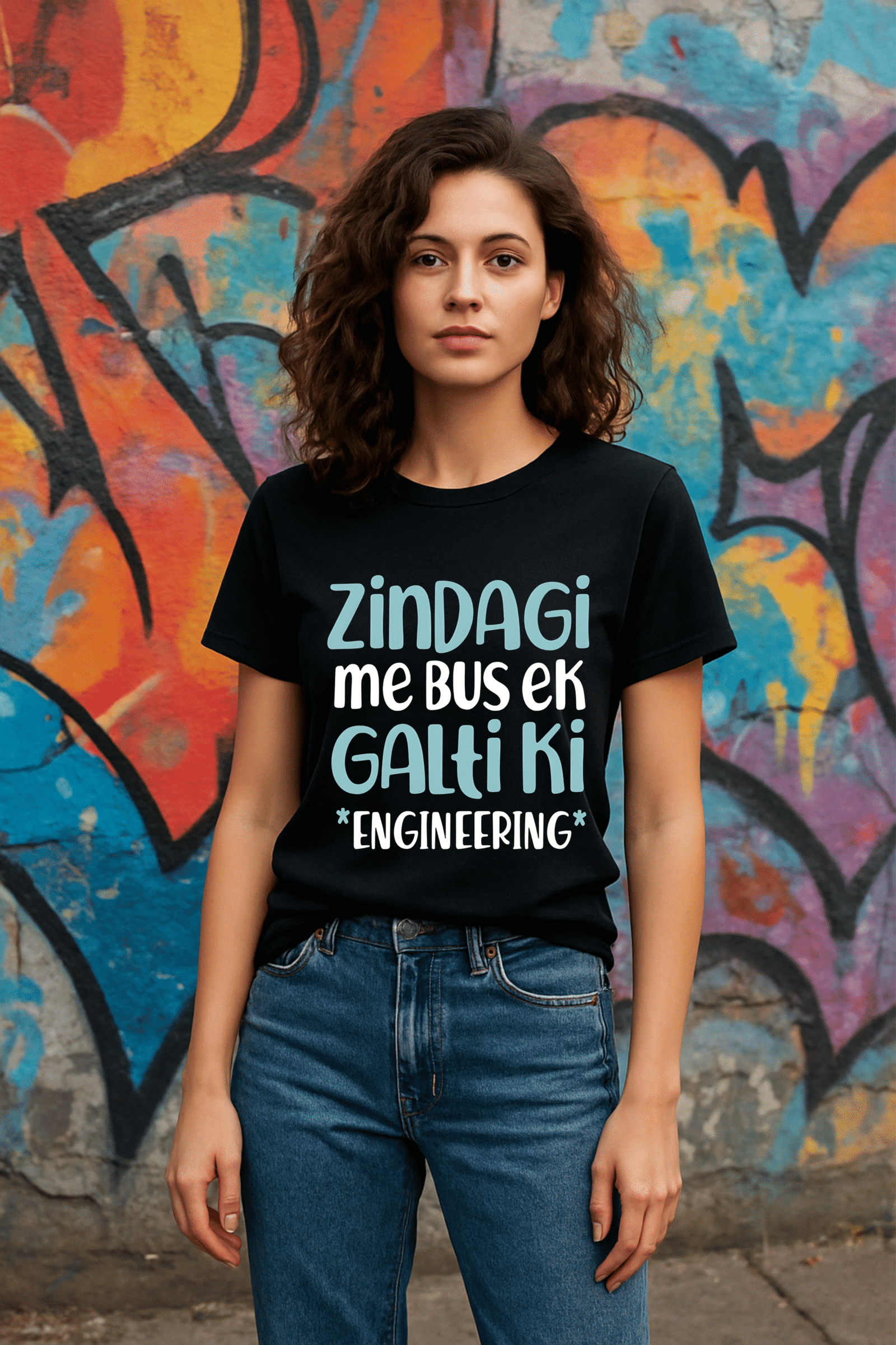 Women’s Classic Fit Black “Zindagi Me Bas Ek Galti Ki – Engineering” Graphic T-Shirt – 100% Premium Bio-Washed Cotton