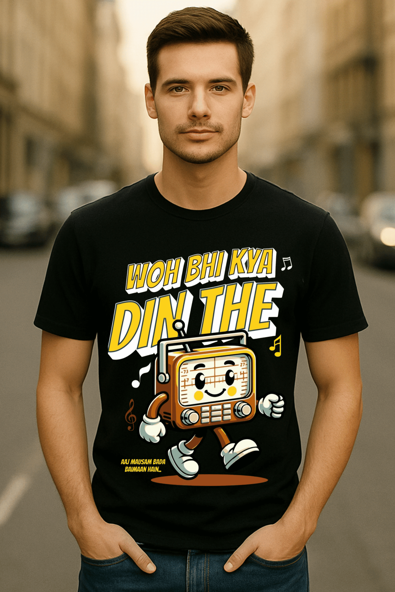 Men’s Classic Fit Black “Woh Bhi Kya Din The” Retro Radio Graphic T-Shirt – 100% Premium Bio-Washed Cotton