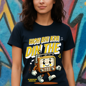 Women’s Classic Fit Navy Blue “Woh Bhi Kya Din The” Retro Radio Graphic T-Shirt – Cotton Blend