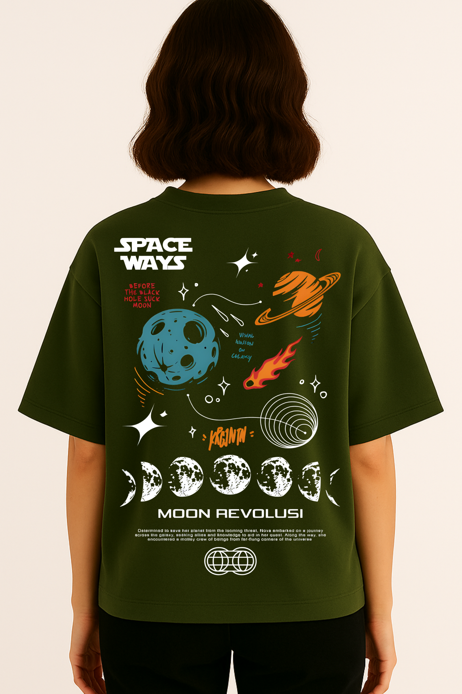 Women's Oversized Olive Green Space Ways Galaxy Graphic T-Shirt – 100% Premium French Terry Cotton (270 GSM)