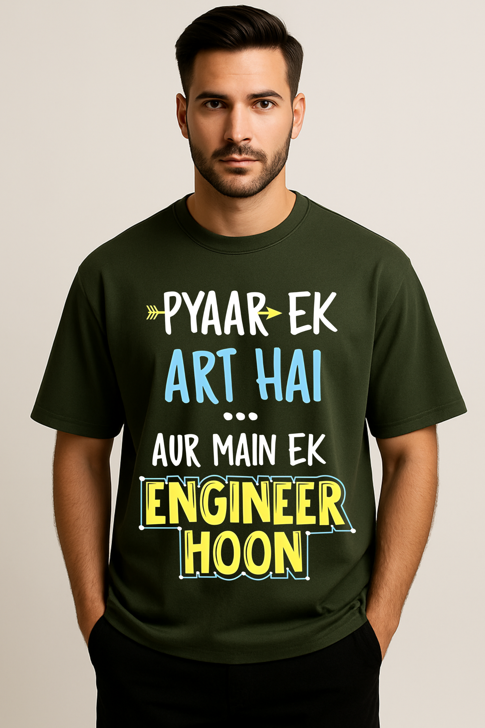 Men’s Oversized Olive Green “Pyaar Ek Art Hai, Main Ek Engineer Hoon” Graphic T-Shirt – 100% Premium French Terry Cotton (270 GSM)