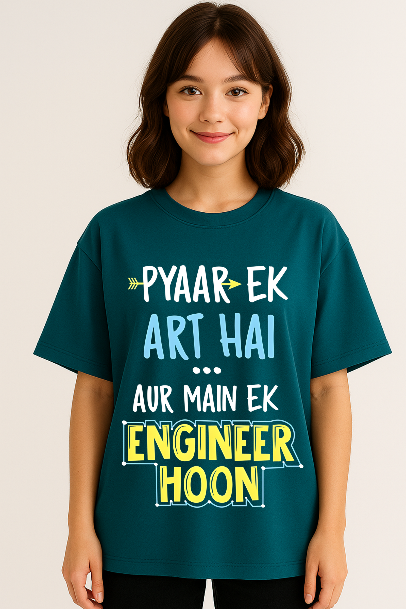 Women’s Oversized Peacock Blue “Pyaar Ek Art Hai, Main Ek Engineer Hoon” Graphic T-Shirt – 100% Premium French Terry Cotton (270 GSM)
