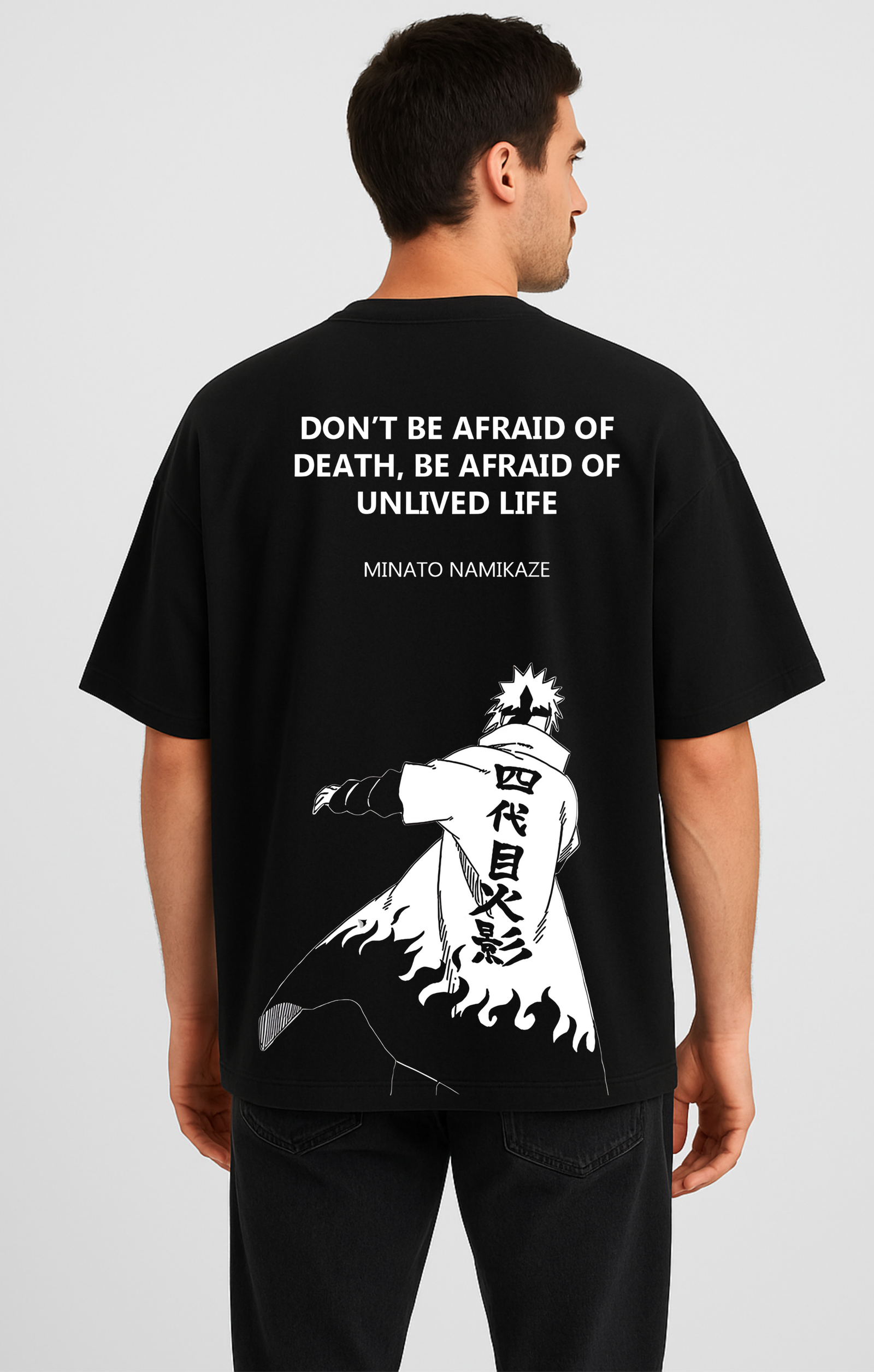 Men’s Oversized Black French Terry Naruto Logo & Minato Namikaze Graphic T-Shirt – 270 GSM