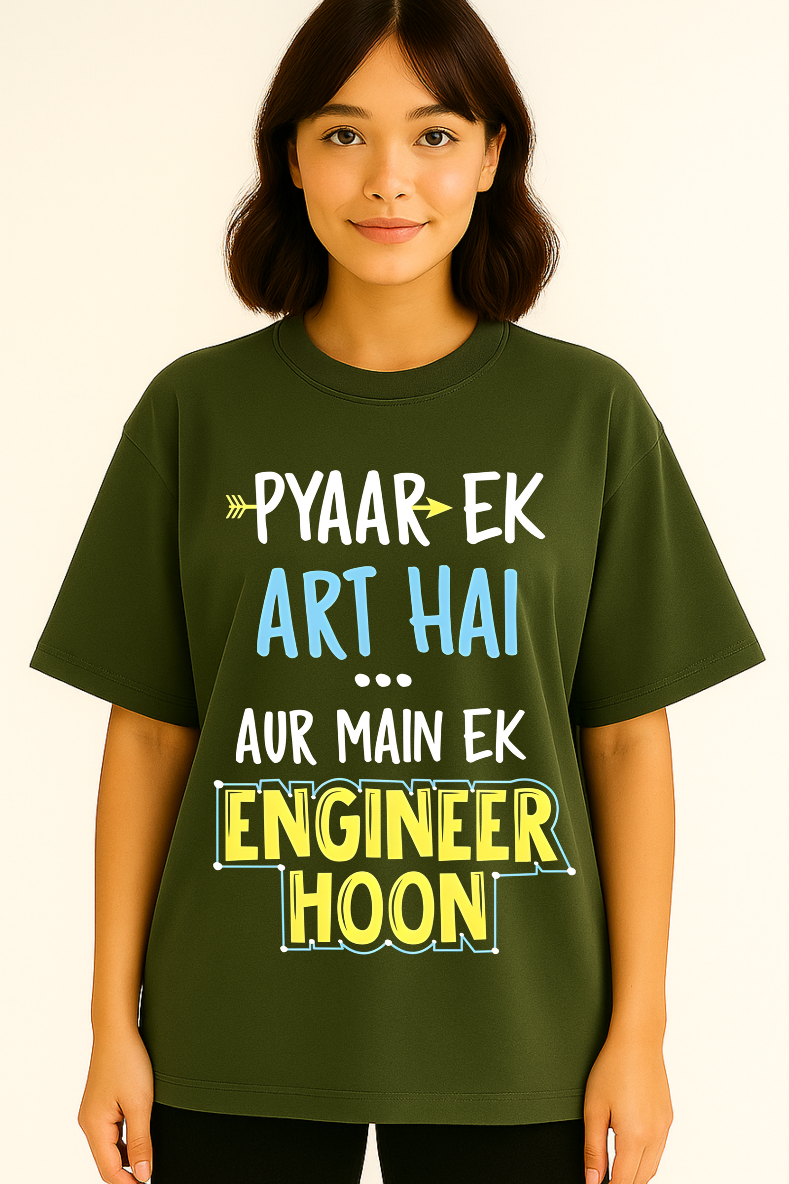 Women’s Oversized Olive Green “Pyaar Ek Art Hai, Main Ek Engineer Hoon” Graphic T-Shirt – 100% Premium French Terry Cotton (270 GSM)