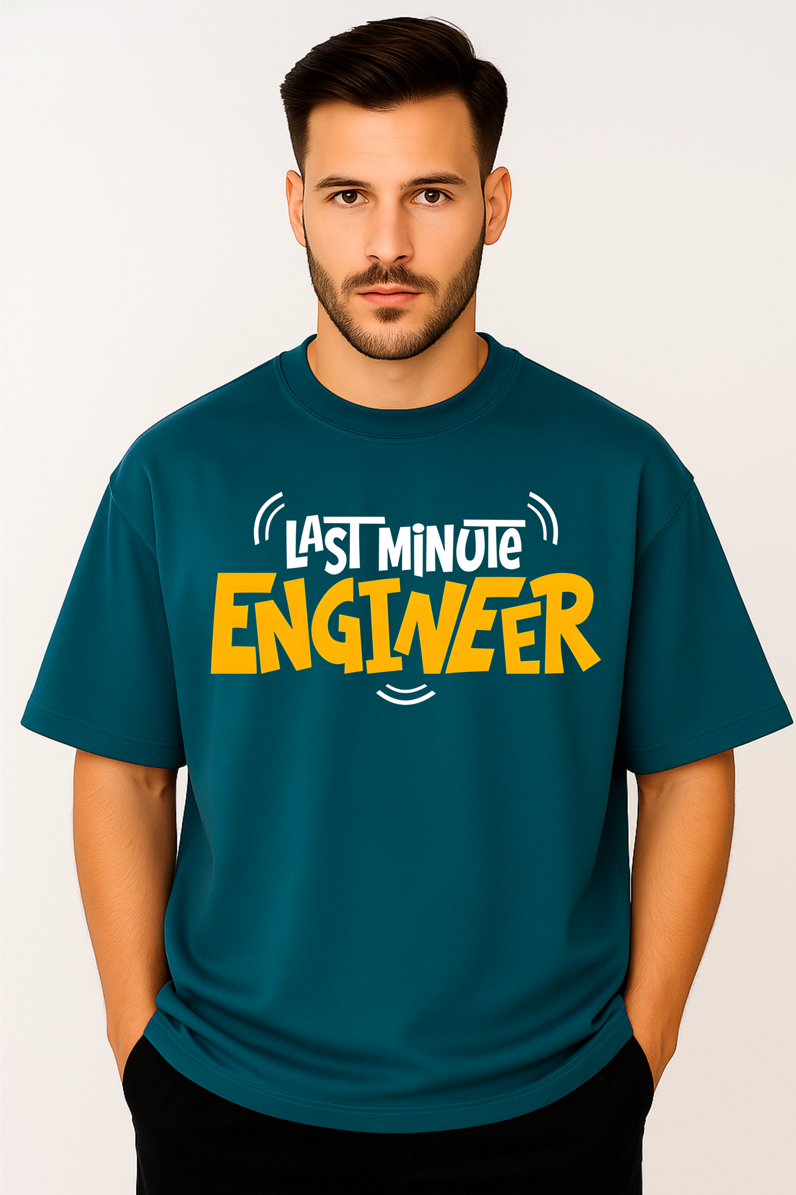 Men’s Oversized Peacock Blue “Last Minute Engineer” Graphic T-Shirt – 100% Premium French Terry Cotton (270 GSM)