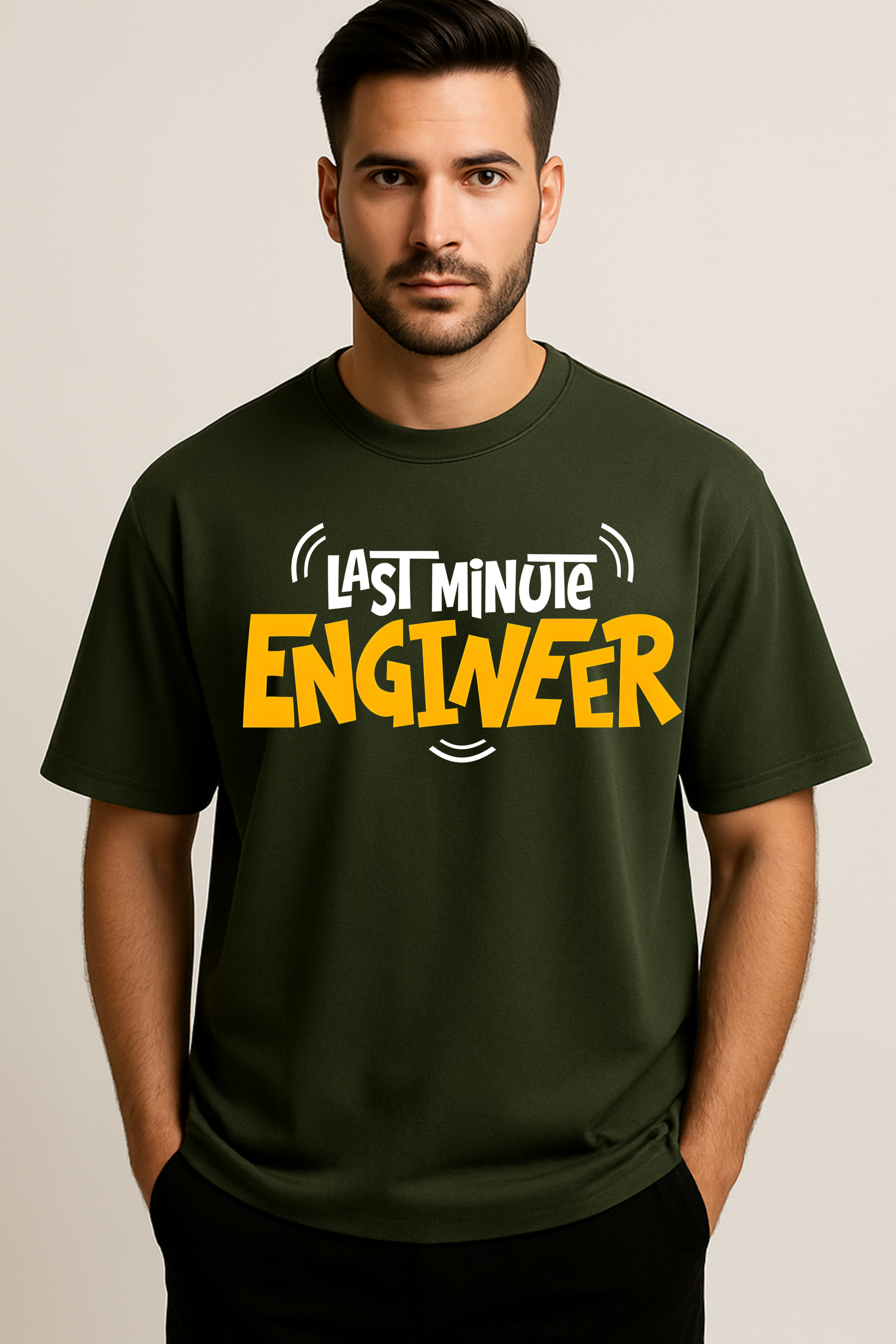 Men’s Oversized Olive Green “Last Minute Engineer” Graphic T-Shirt – 100% Premium French Terry Cotton (270 GSM)