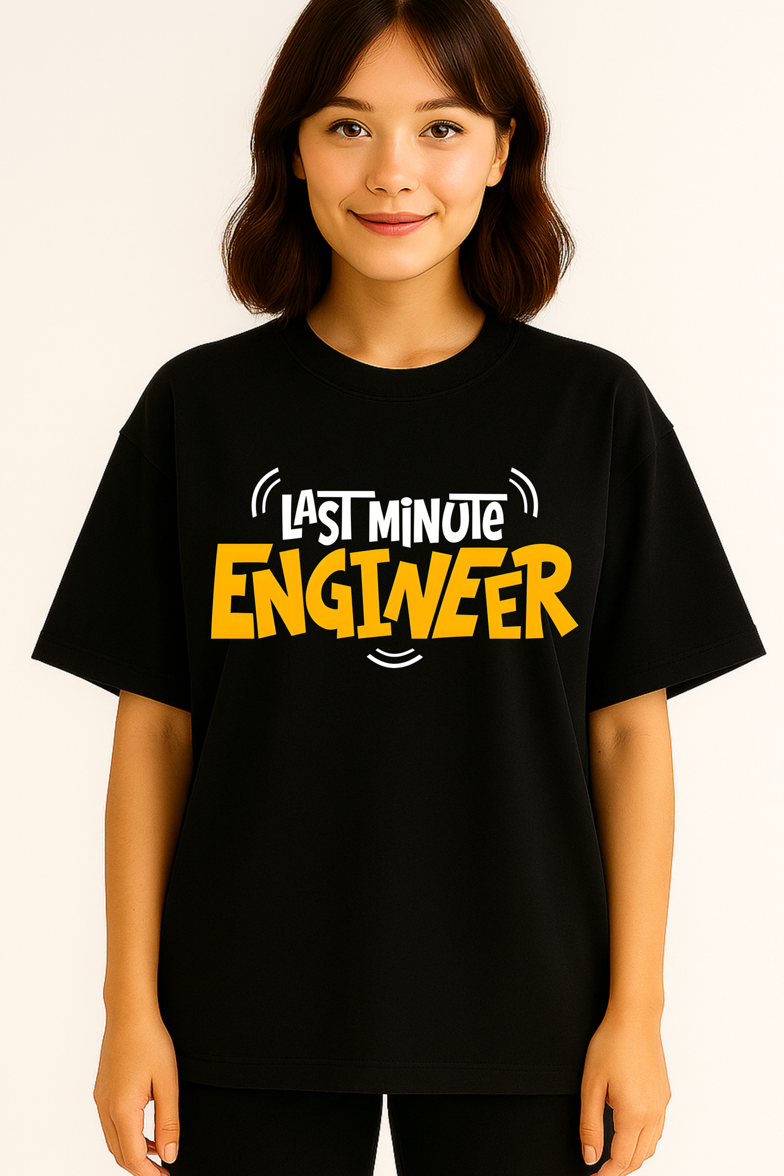 Women’s Oversized Black “Last Minute Engineer” Graphic T-Shirt – 100% Premium French Terry Cotton (270 GSM)