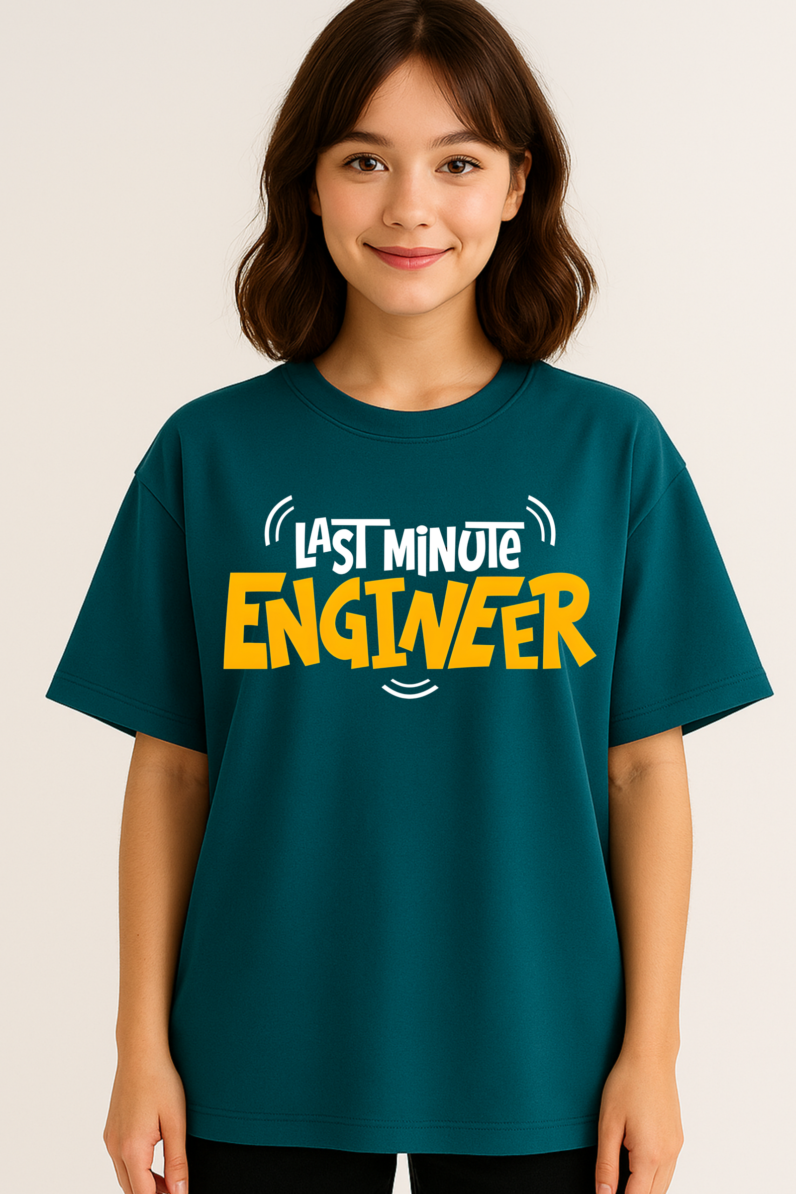 Women’s Oversized Peacock Blue “Last Minute Engineer” Graphic T-Shirt – 100% Premium French Terry Cotton (270 GSM)