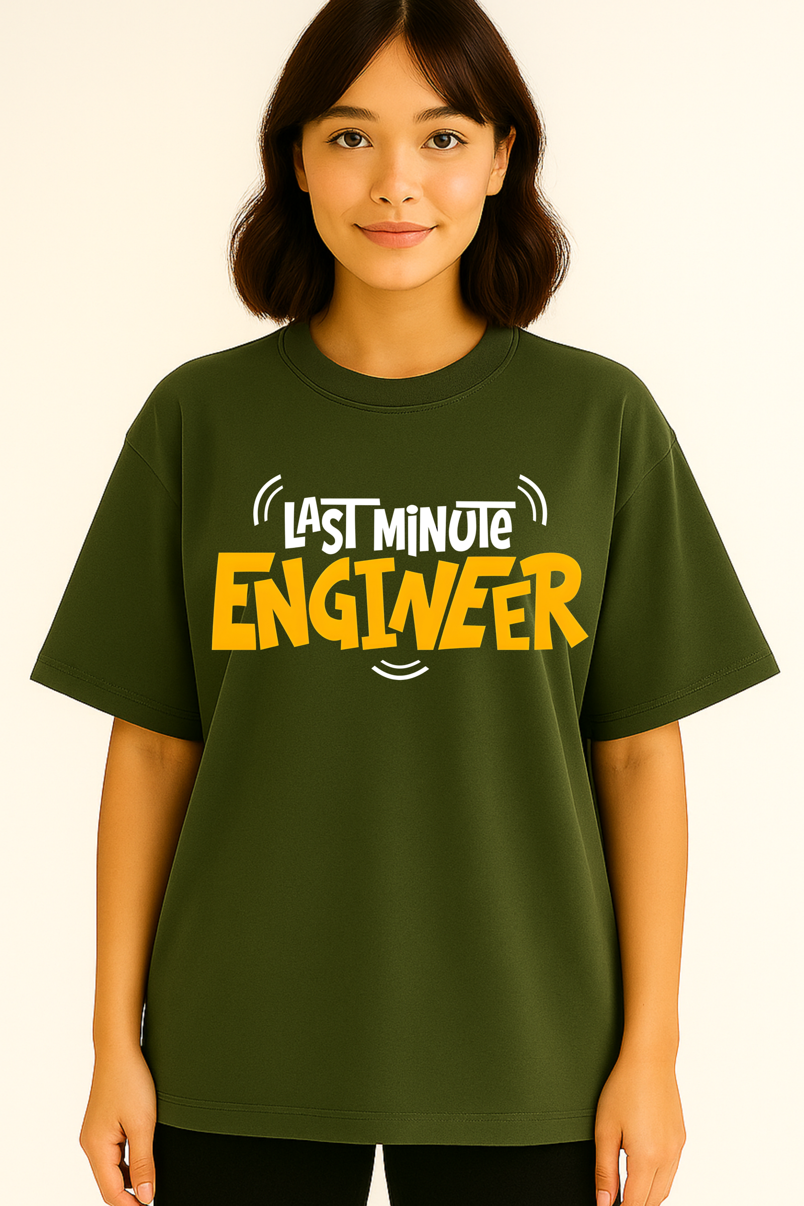 Women’s Oversized Olive Green “Last Minute Engineer” Graphic T-Shirt – 100% Premium French Terry Cotton (270 GSM)