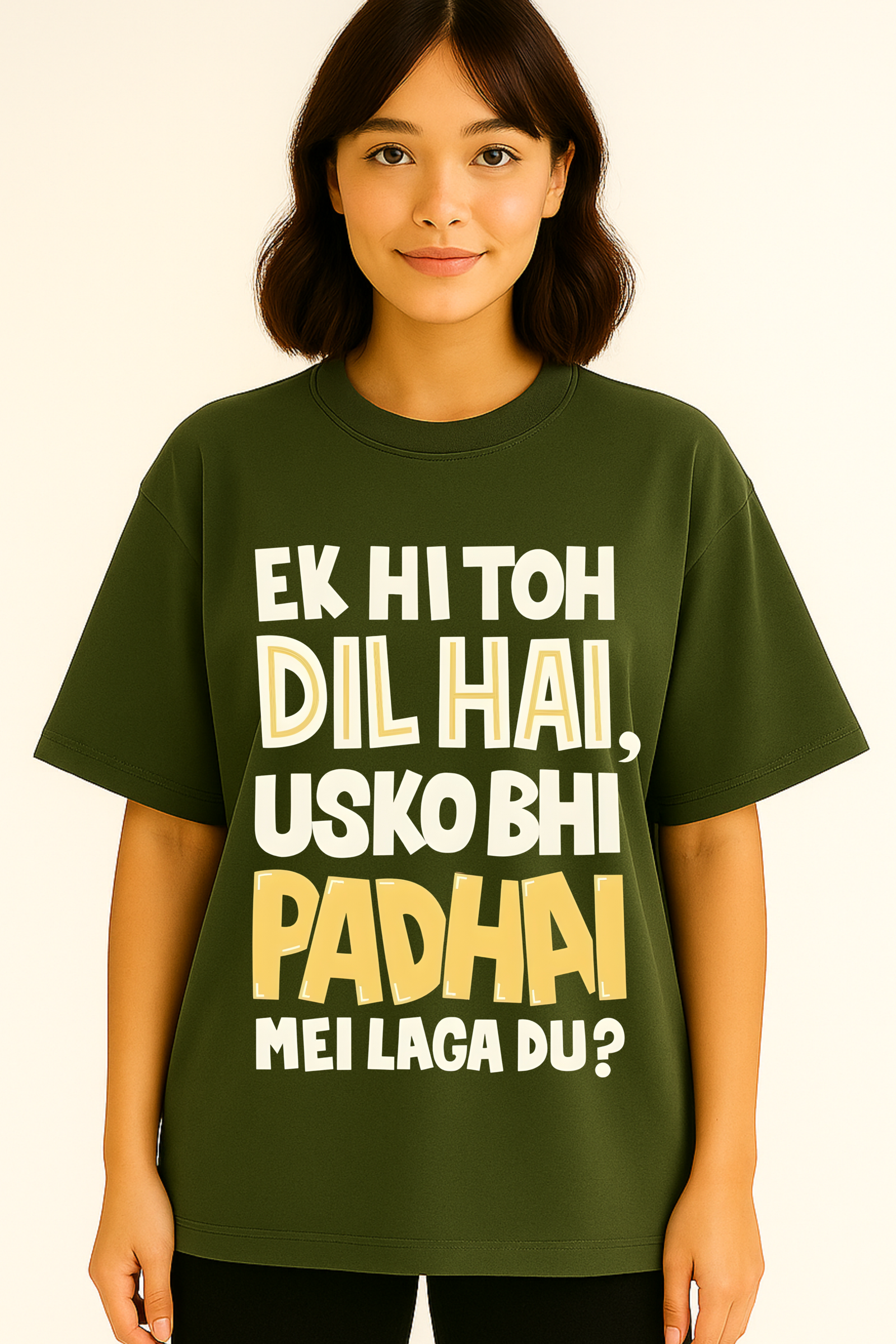 Women’s Oversized Olive Green Graphic T-Shirt – 100% Premium French Terry Cotton (270 GSM)
