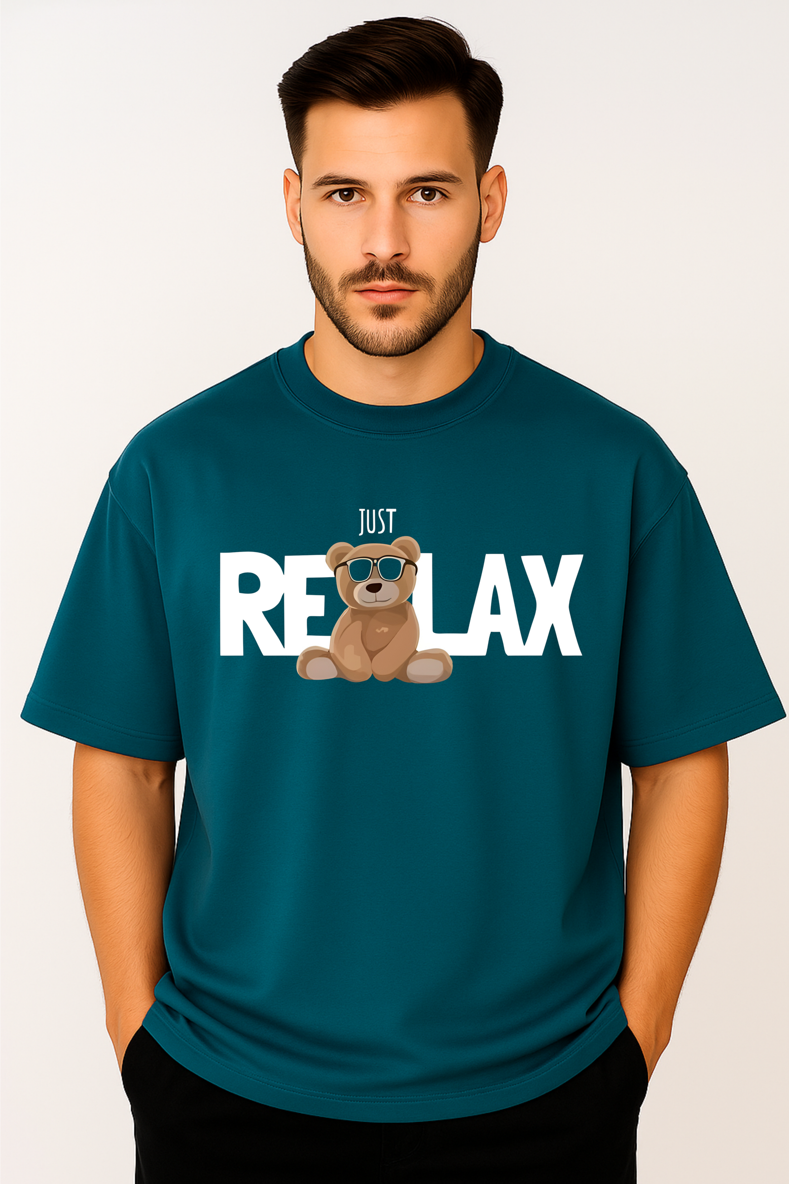 Men’s Oversized Peacock Blue “Just Relax” Teddy Graphic T-Shirt – 100% Premium French Terry Cotton (270 GSM)