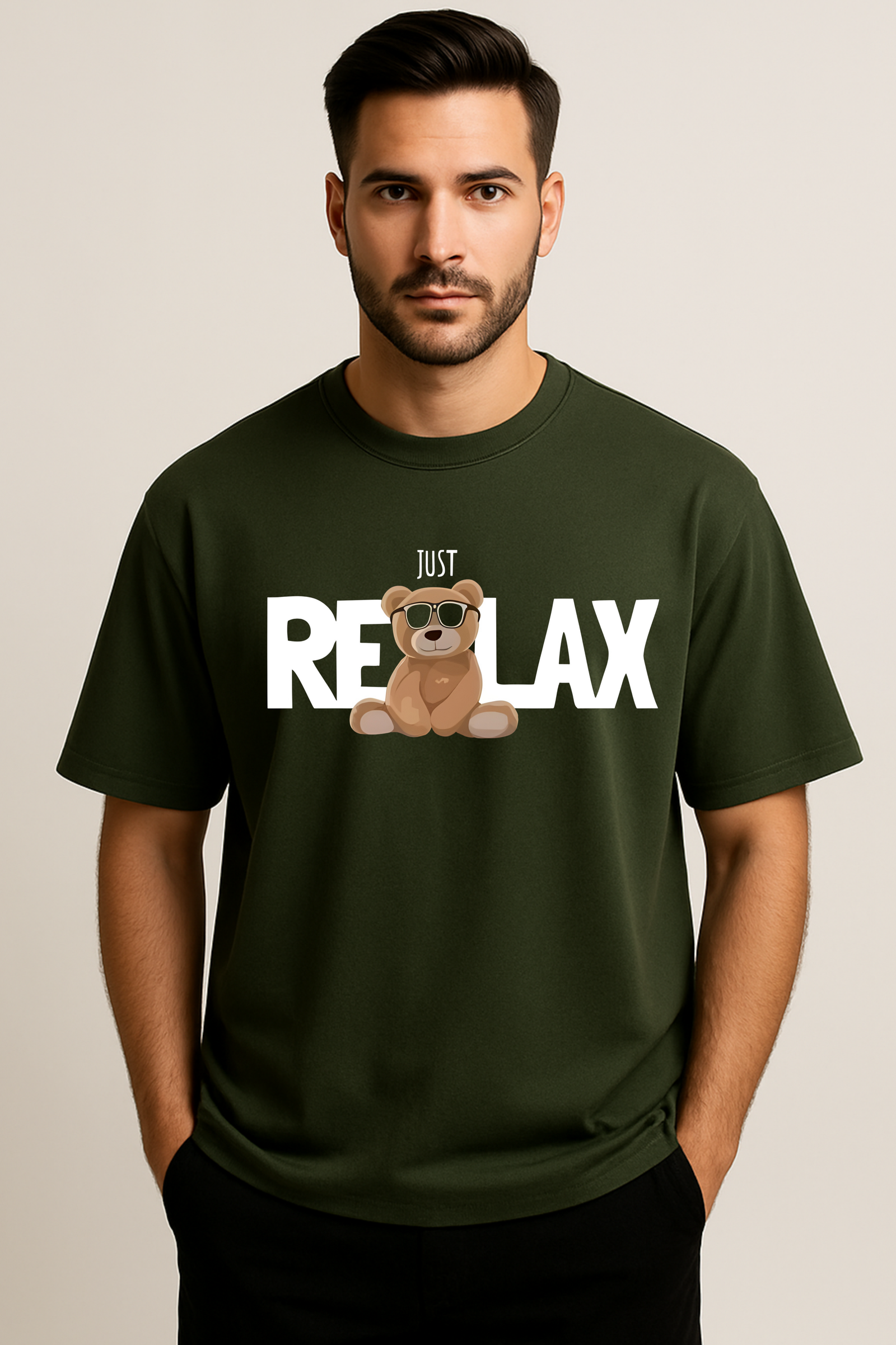 Men’s Oversized Olive Green “Just Relax” Teddy Graphic T-Shirt – 100% Premium French Terry Cotton (270 GSM)