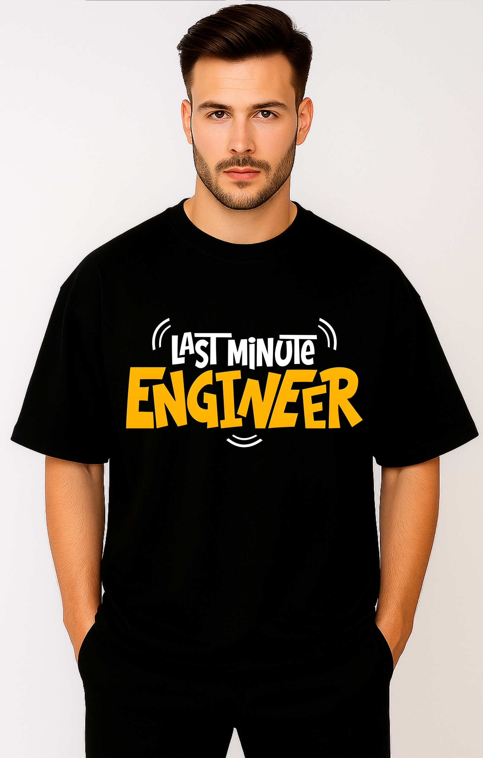 Men’s Oversized Black “Last Minute Engineer” Graphic T-Shirt – 100% Premium French Terry Cotton (270 GSM)