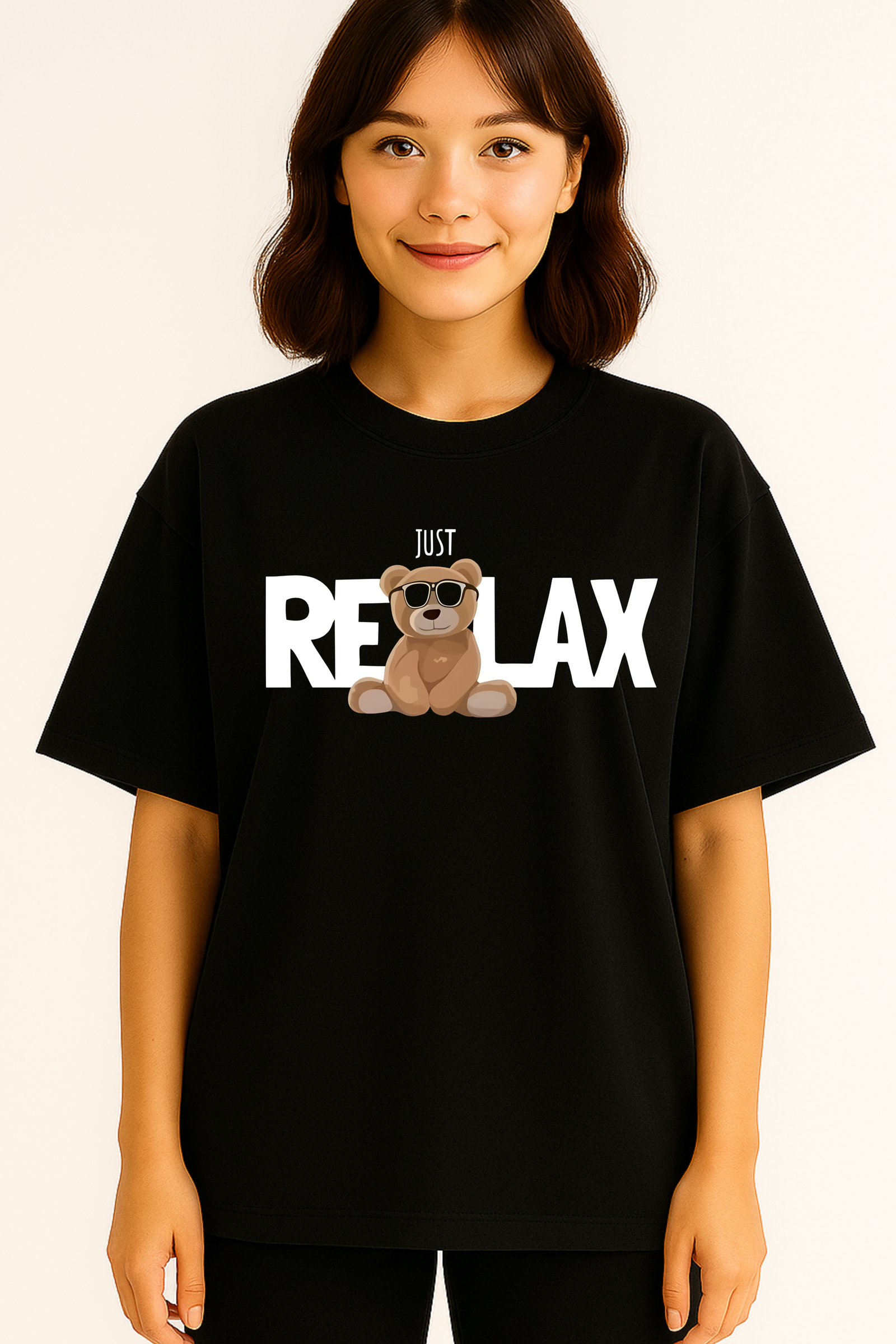 Women’s Oversized Black “Just Relax” Teddy Graphic T-Shirt – 100% Premium French Terry Cotton (270 GSM)