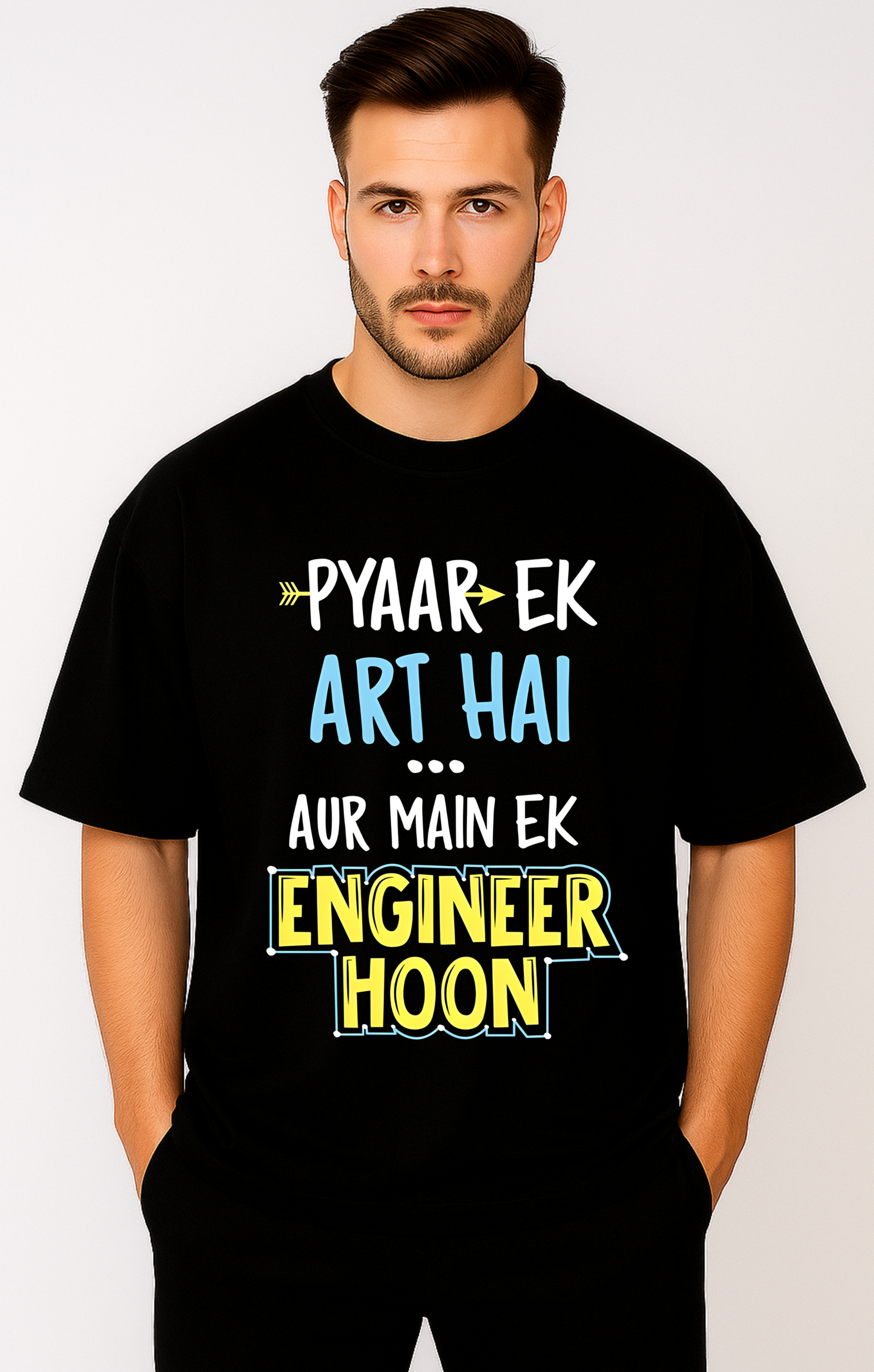 Men’s Oversized Black “Pyaar Ek Art Hai, Main Ek Engineer Hoon” Graphic T-Shirt – 100% Premium French Terry Cotton (270 GSM)