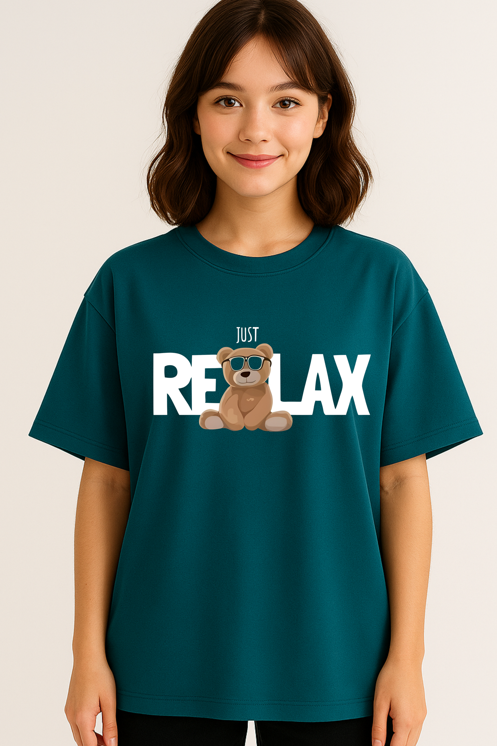 Women’s Oversized Peacock Blue “Just Relax” Teddy Graphic T-Shirt – 100% Premium French Terry Cotton (270 GSM)