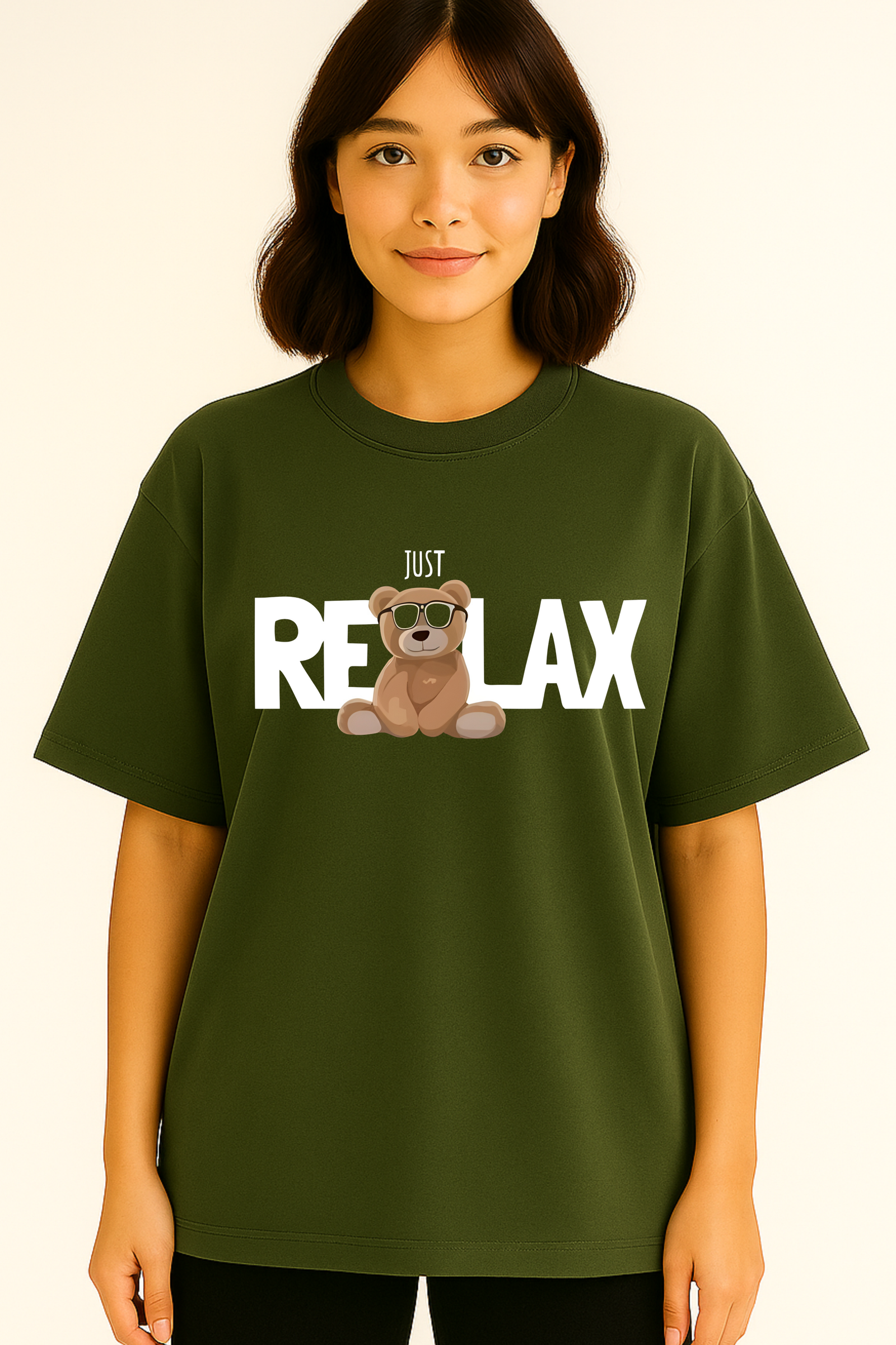 Women’s Oversized Olive Green “Just Relax” Teddy Graphic T-Shirt – 100% Premium French Terry Cotton (270 GSM)