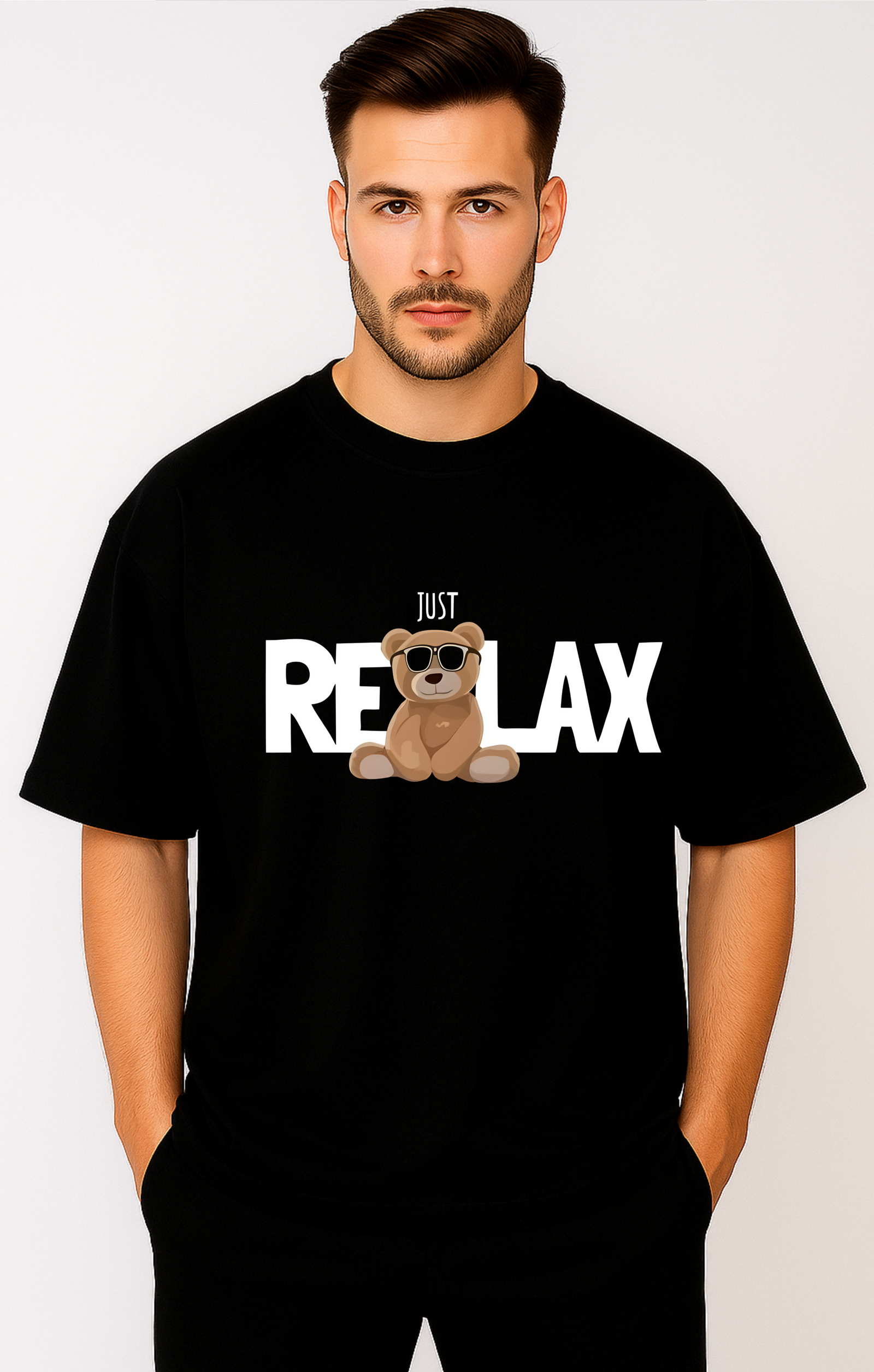 Men’s Oversized Black “Just Relax” Teddy Graphic T-Shirt – 100% Premium French Terry Cotton (270 GSM)