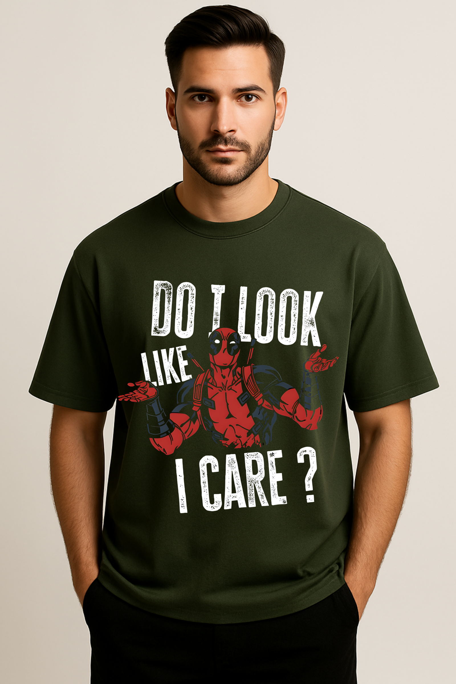 Men’s Oversized Olive Green French Terry “Do I Look Like I Care?” Deadpool Graphic T-Shirt – 270 GSM