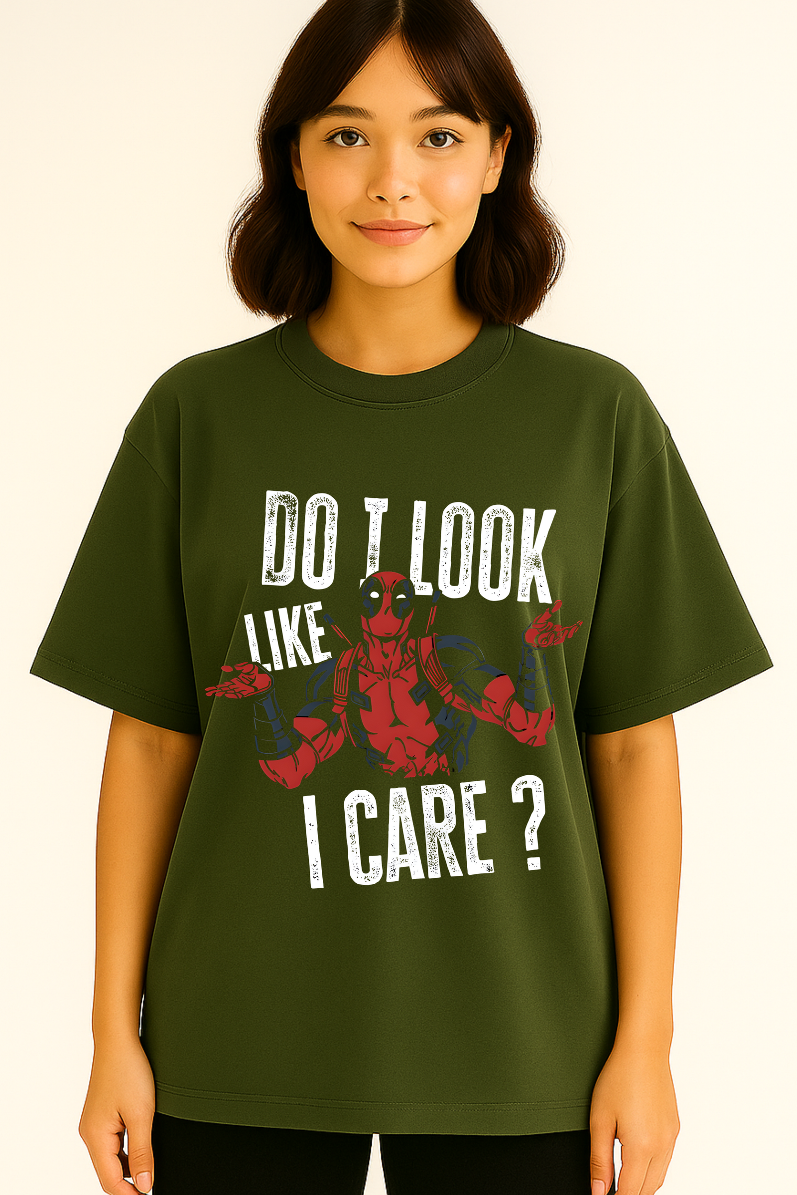 Women’s Oversized Olive Green French Terry “Do I Look Like I Care?” Deadpool Graphic T-Shirt – 270 GSM